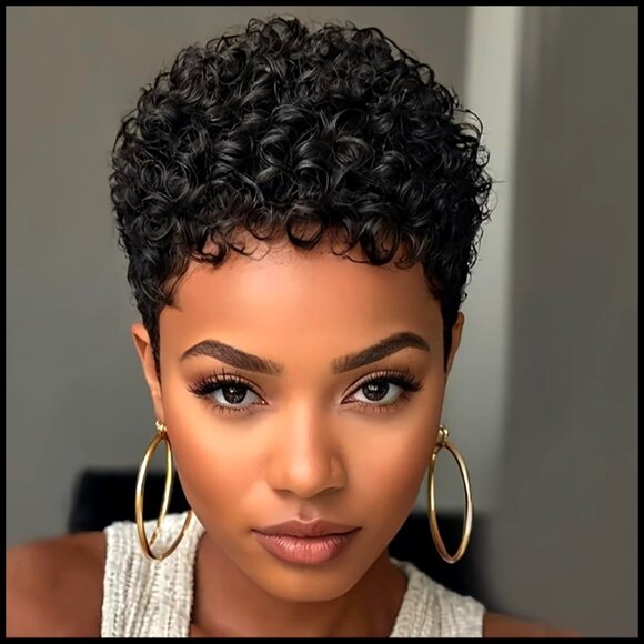Short Curly Pixie Cut Wig with Bangs Human Hair Glueless Bob Layered